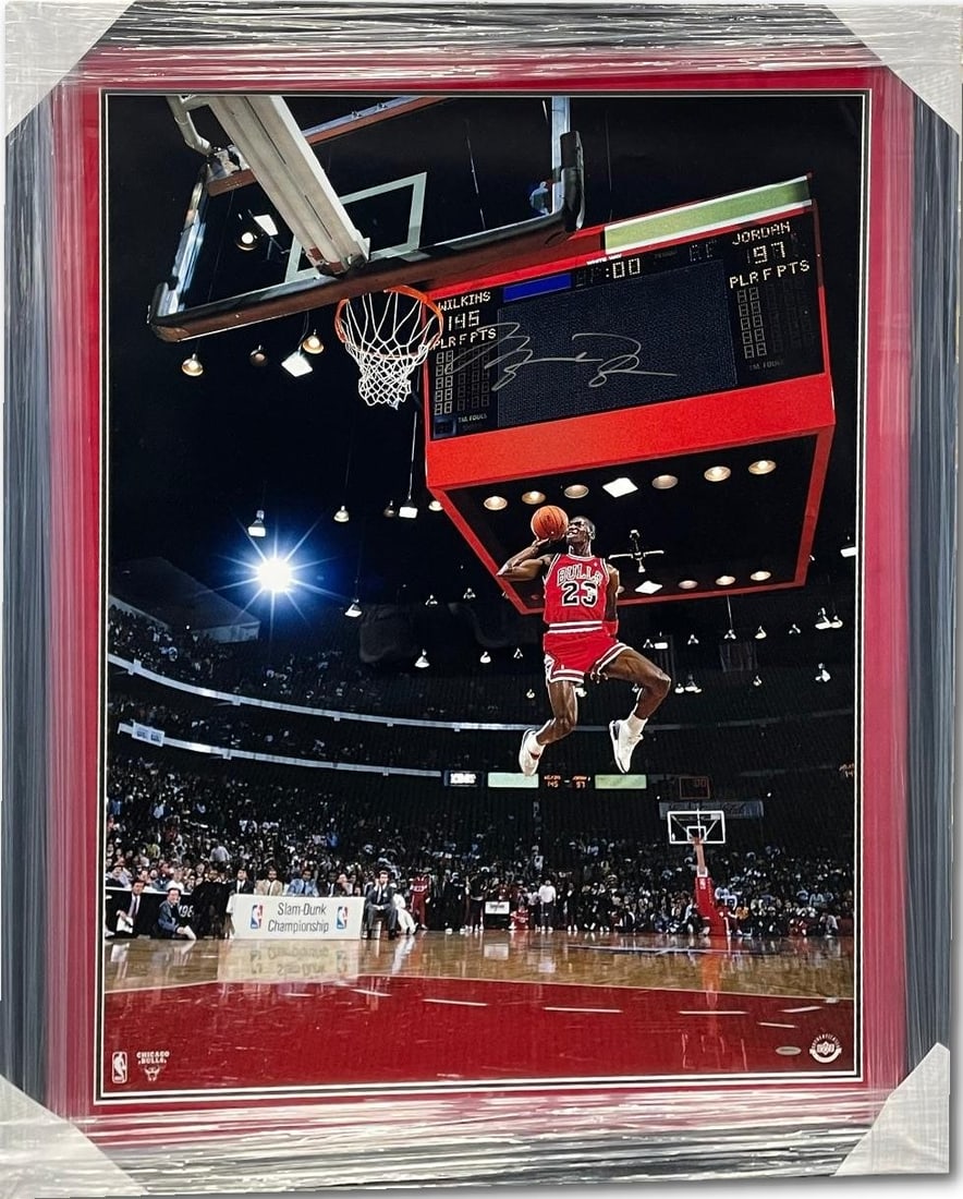 Michael Jordan Hand Signed 38x47 Photo Slam Dunk Contest UDA: Michael Jordan Hand Signed 38x47 Photo Slam Dunk Contest UDA This stunning hand-signed photograph features Michael Jordan during the iconic Slam-Dunk Contest, showcasing his incredible athleticism and