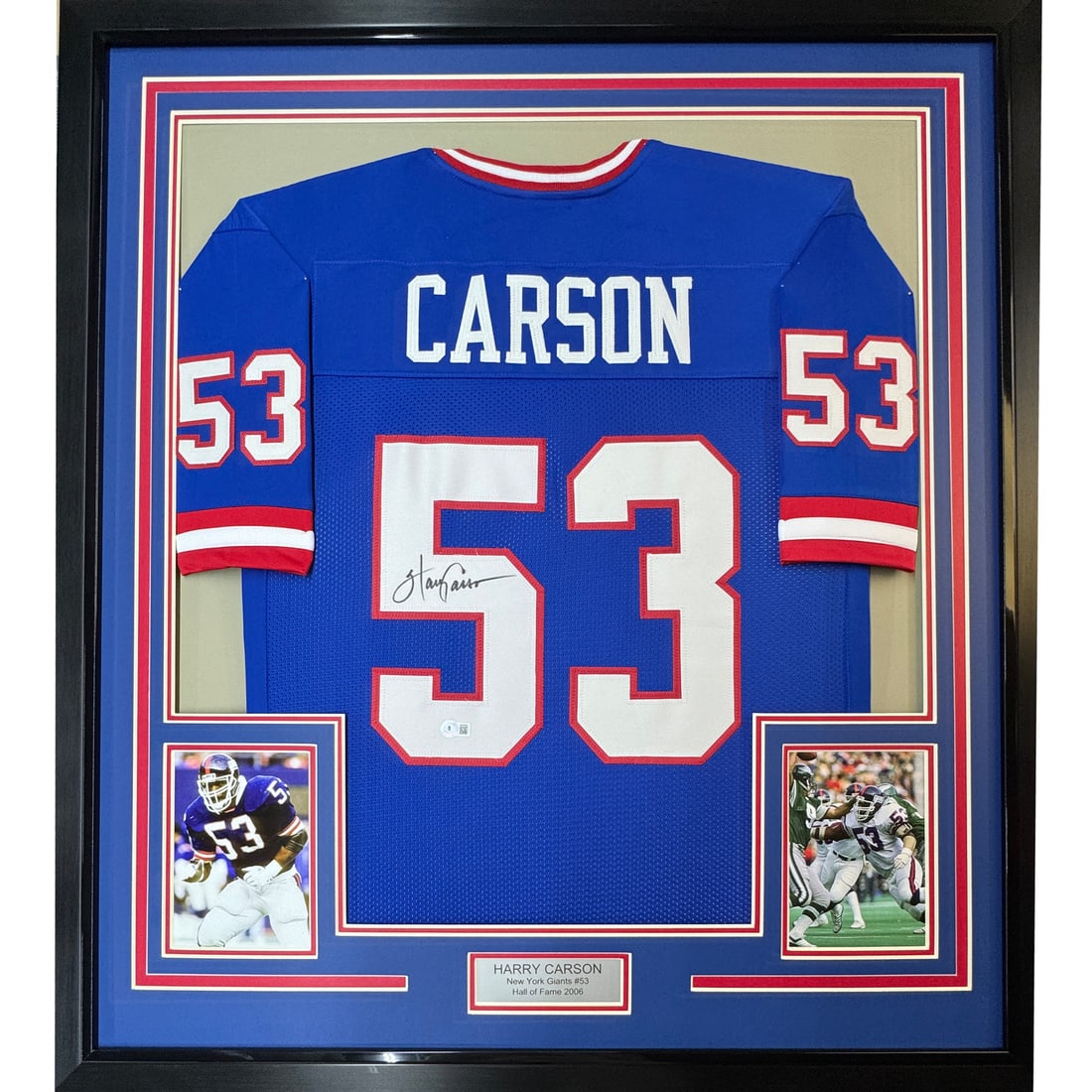 Framed Harry Carson Autographed Jersey New York Giants BAS COA: Framed Harry Carson Autographed Jersey New York Giants BAS COA Celebrate the legacy of NFL legend Harry Carson with this professionally framed and autographed New York Giants jersey. This striking blu