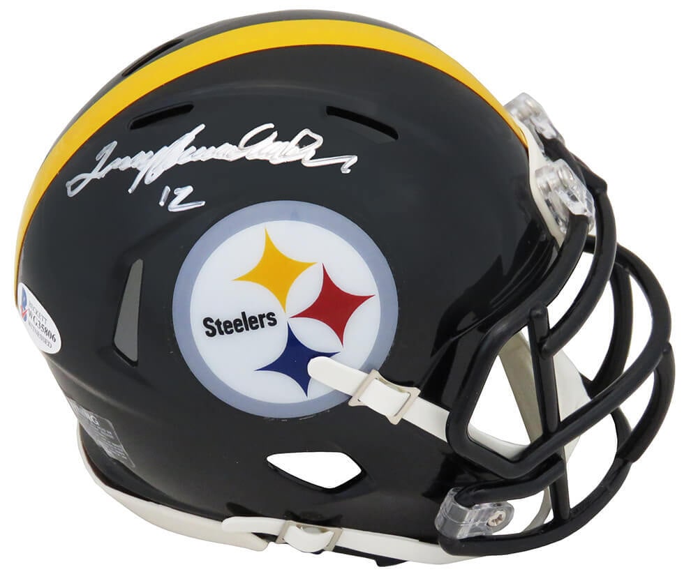 Terry Bradshaw Signed Steelers Riddell Speed Mini Helmet Beckett Authenticated: Terry Bradshaw Signed Steelers Riddell Speed Mini Helmet Beckett Authenticated This Pittsburgh Steelers Riddell Speed Mini Helmet is signed by NFL legend Terry Bradshaw, a proud member of the Hall of