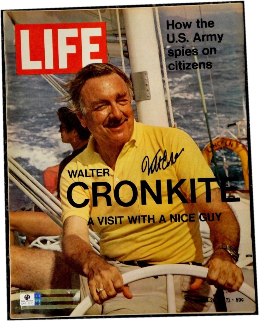 Walter Cronkite Hand Signed Life Magazine Authenticated by Global Authentics: Walter Cronkite Hand Signed Life Magazine Authenticated by Global Authentics This is an original Life Magazine featuring the hand-signed autograph of Walter Cronkite, one of the most trusted figures i