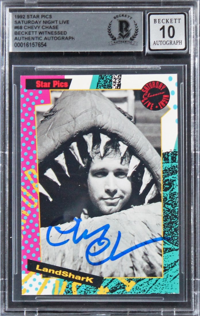 Chevy Chase Signed 1992 SNL Card Auto Gem Mint 10 Beckett Slab: Chevy Chase Signed 1992 SNL Card Auto Gem Mint 10 Beckett Slab This is a 1992 Star Pics card featuring a stunning autograph from Chevy Chase, graded Gem Mint 10 by Beckett Authentication Services. The