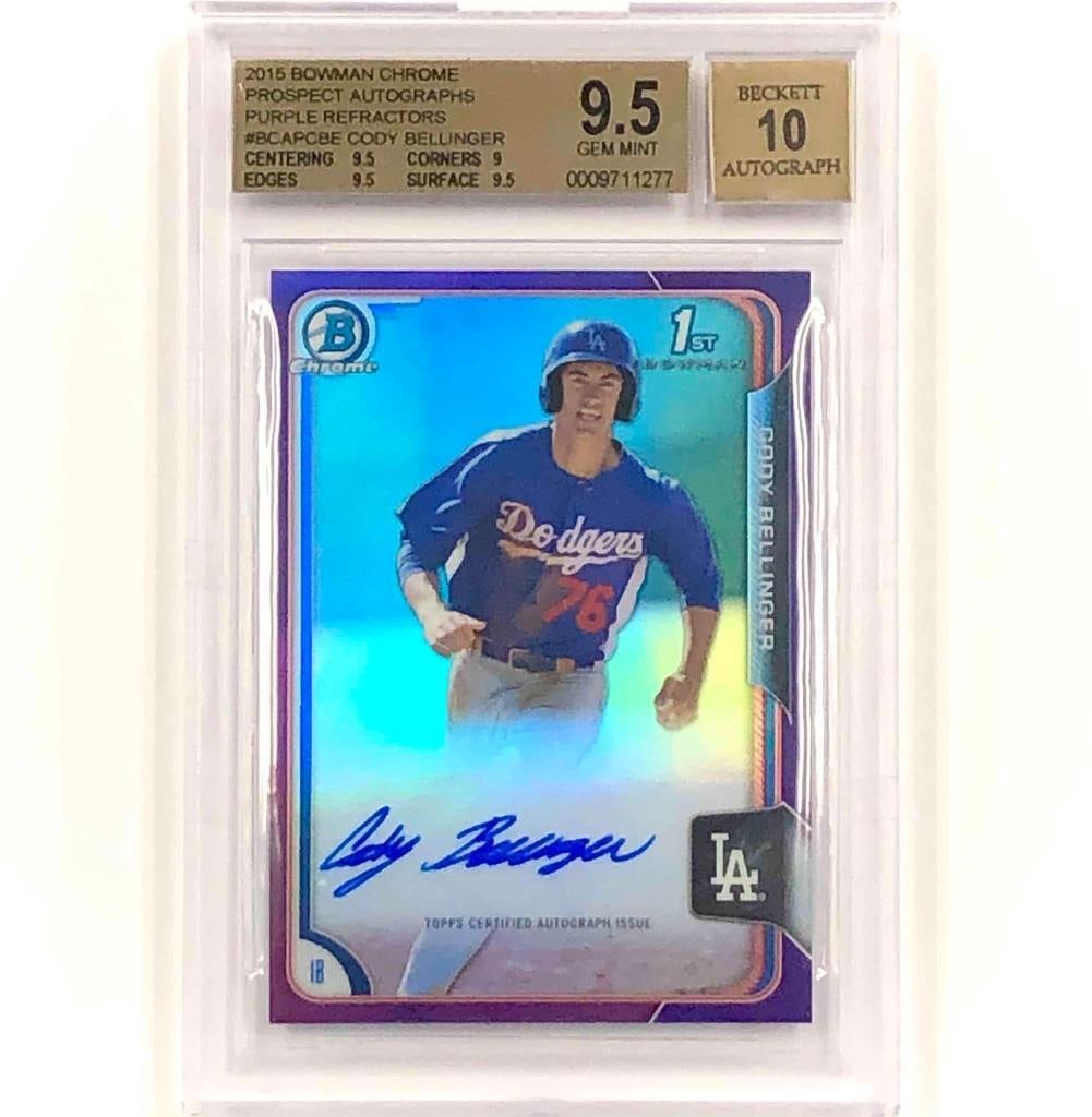 2015 Bowman Chrome Cody Bellinger Purple Refractor #5/250 BGS 9.5 Auto 10: 2015 Bowman Chrome Cody Bellinger Purple Refractor #5/250 BGS 9.5 Auto 10 This 2015 Bowman Chrome Cody Bellinger rookie card is a Purple Refractor, numbered 5 out of 250. It features a hard-signed aut