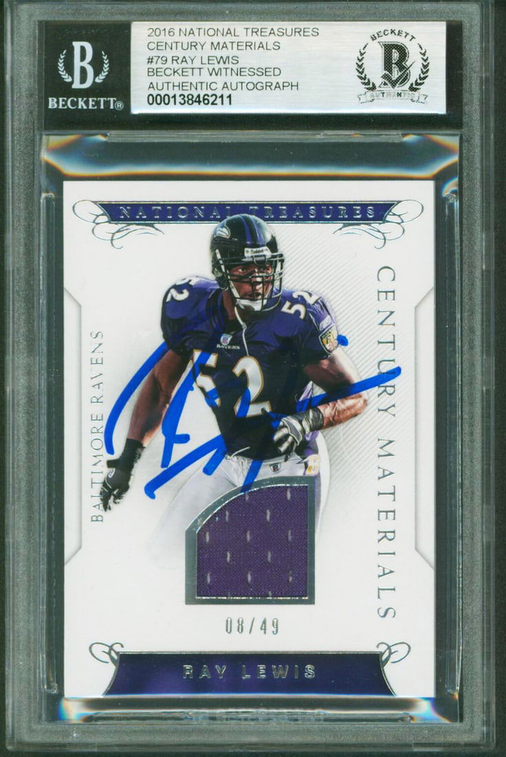 Ray Lewis Autographed 2016 National Treasures Card 08/49 BAS Gem Mint 10: Ray Lewis Autographed 2016 National Treasures Card 08/49 BAS Gem Mint 10 Celebrate football history with this autographed 2016 National Treasures Century Materials #79 card, featuring Ray Lewis of the