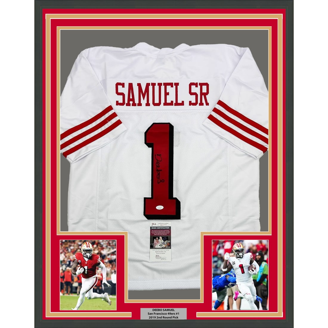 Framed Autographed Deebo Samuel Jersey 35x39 JSA COA San Francisco 49ers: Framed Autographed Deebo Samuel Jersey 35x39 JSA COA San Francisco 49ers This framed autographed Deebo Samuel Sr. white alternate jersey is a must-have for any San Francisco 49ers fan. Measuring 35x39