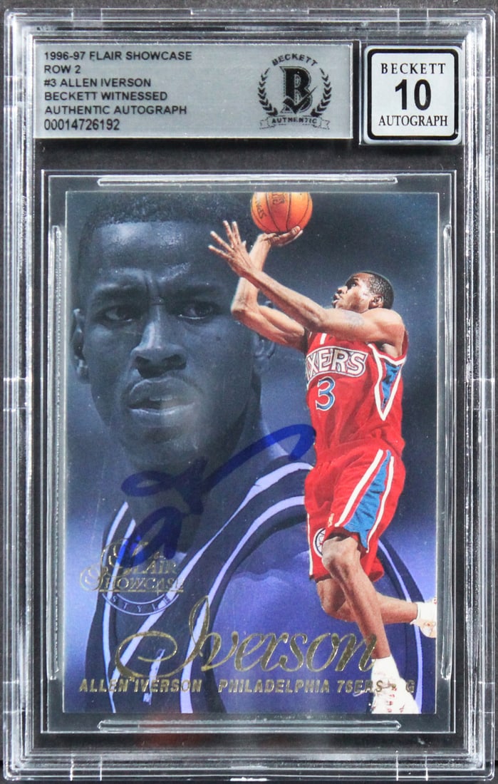 Allen Iverson Signed 1996 Flair Showcase Rookie Card Gem Mint 10 Beckett: Allen Iverson Signed 1996 Flair Showcase Rookie Card Gem Mint 10 Beckett Celebrate the legacy of basketball great Allen Iverson with this 1996 Flair Showcase Row 2 #3 Rookie Card. This autographed car