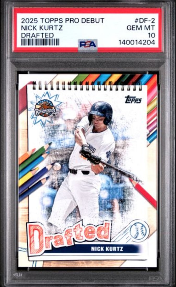 PSA 10 2025 Topps Pro Debut Nick Kurtz Rookie Draft #DF2 Baseball Card: PSA 10 2025 Topps Pro Debut Nick Kurtz Rookie Draft #DF2 Baseball Card This is an original 2025 Topps Pro Debut #DF2 Drafted Rookie RC card featuring Nick Kurtz of the Oakland Athletics. The card has