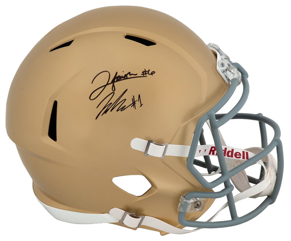 Notre Dame F/S Replica Helmet Signed by Jordan Faison and Jaden Greathouse with COA: Notre Dame F/S Replica Helmet Signed by Jordan Faison and Jaden Greathouse with COA This full-size replica helmet showcases the dual signatures of Jordan Faison and Jaden Greathouse, representing the