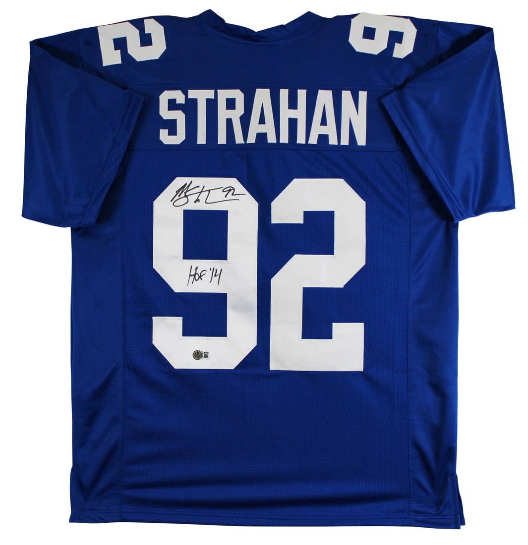 Michael Strahan Signed Blue Pro Jersey HOF 14 BAS Witnessed New York Giants: Michael Strahan Signed Blue Pro Jersey HOF 14 BAS Witnessed New York Giants Celebrate the legacy of Michael Strahan with this authentic signed blue pro style jersey, featuring the inscription "HOF 14.