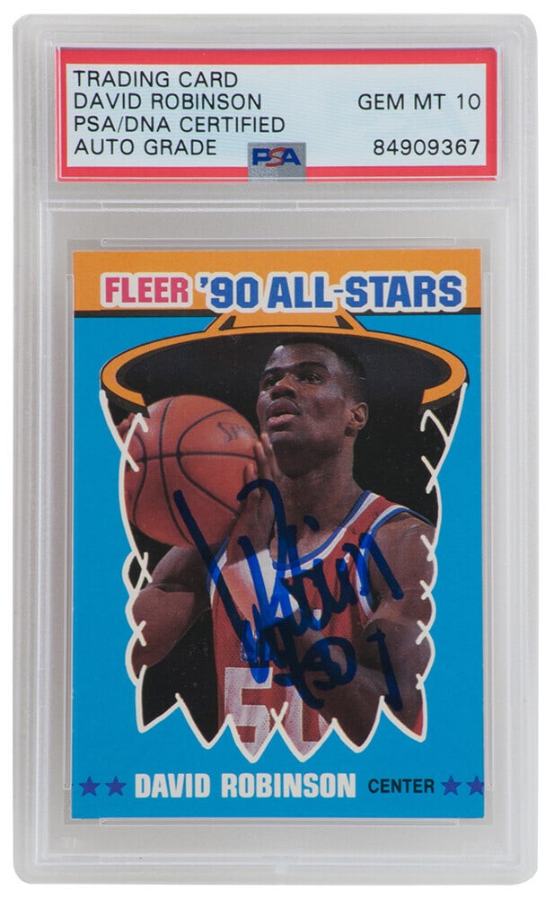 David Robinson Signed 1990 Fleer All-Star Sticker Card PSA Auto 10: David Robinson Signed 1990 Fleer All-Star Sticker Card PSA Auto 10 This is a David Robinson signed 1990 Fleer All-Star sticker card #10, featuring the legendary San Antonio Spurs player. The card has