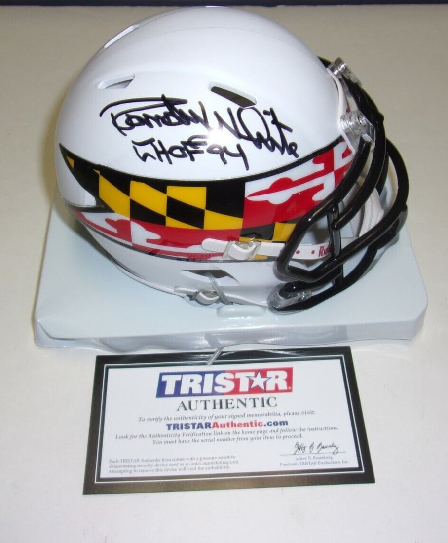 Randy White Signed Maryland Terps Mini Helmet HOF 94 with Tristar COA: Randy White Signed Maryland Terps Mini Helmet HOF 94 with Tristar COA This officially licensed mini helmet features the signature of Randy White, a Hall of Fame inductee in 1994, celebrating his legac