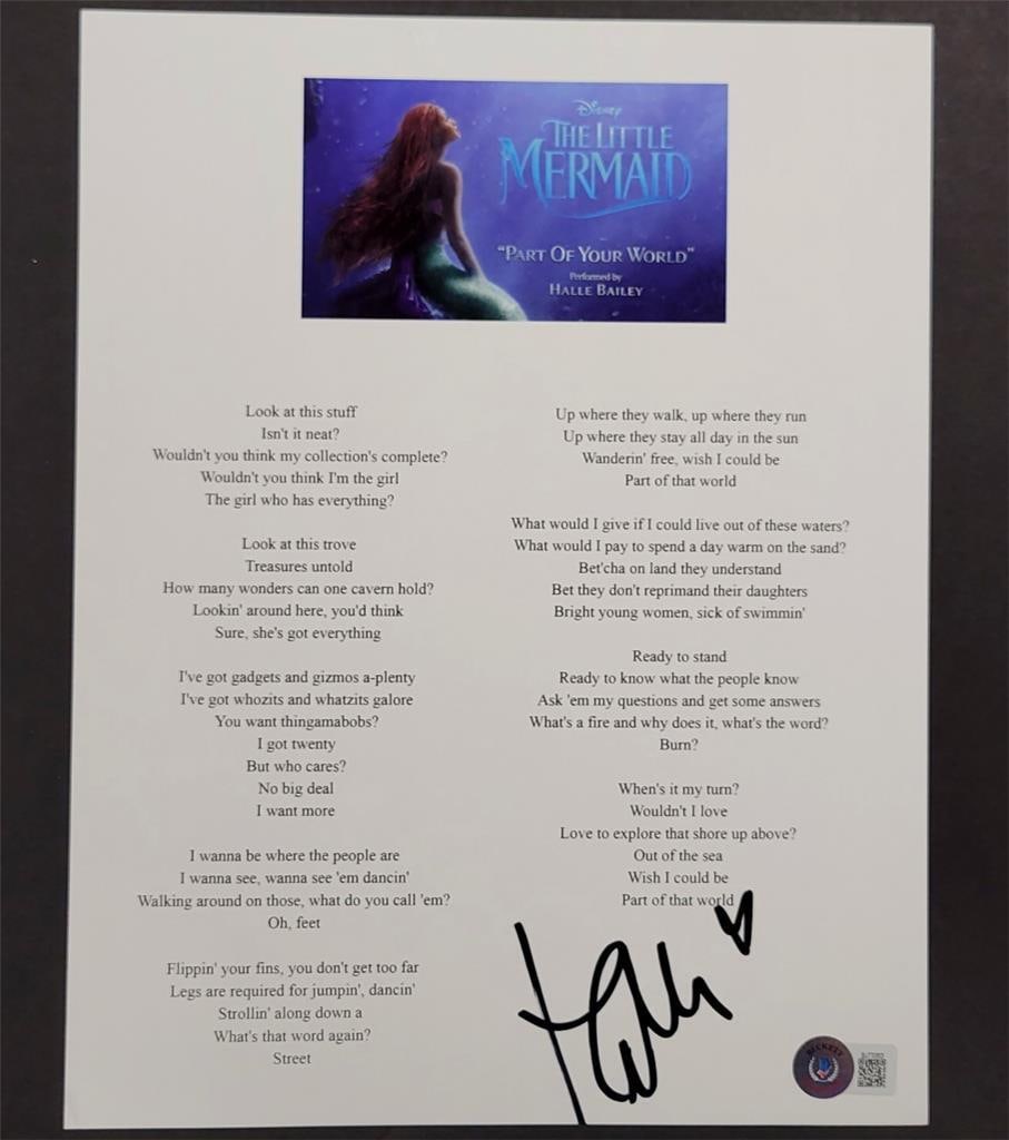 Halle Bailey Autographed Little Mermaid Lyric Sheet Beckett Certified 8.5x11: Halle Bailey Autographed Little Mermaid Lyric Sheet Beckett Certified 8.5x11 This is an authentic 8.5x11 lyric sheet from the iconic movie 'The Little Mermaid,' signed by Halle Bailey. The autograph h