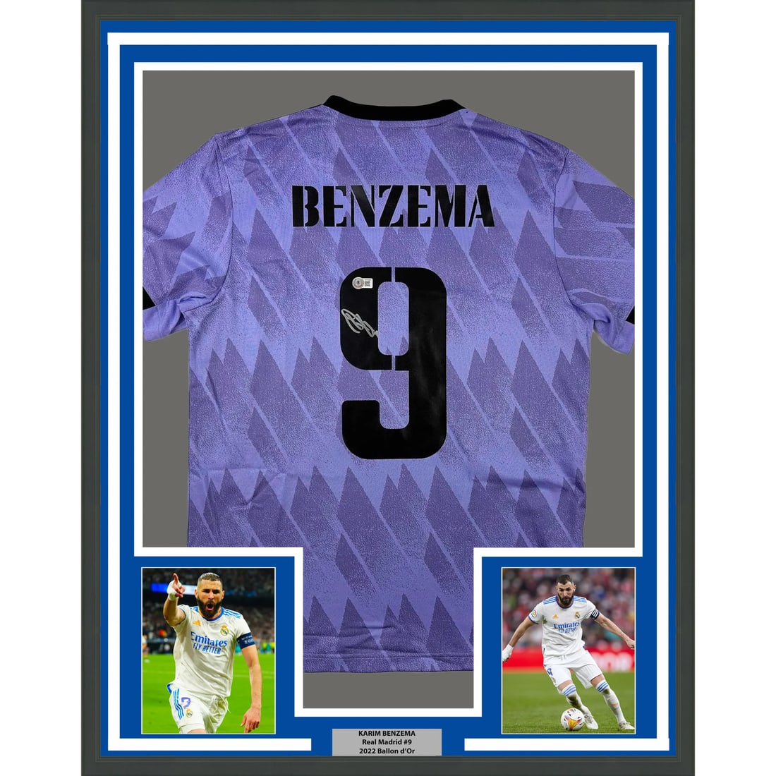 Framed Autographed Karim Benzema 33x42 Real Madrid Jersey with BAS COA: Framed Autographed Karim Benzema 33x42 Real Madrid Jersey with BAS COA Showcase your admiration for football legend Karim Benzema with this professionally framed and autographed Real Madrid jersey fro