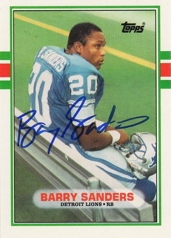 Barry Sanders Autographed 1989 Topps Rookie Card #83T with SS COA: Barry Sanders Autographed 1989 Topps Rookie Card #83T with SS COA This is a Barry Sanders autographed 1989 Topps football rookie card #83T, representing the legendary running back of the Detroit Lions