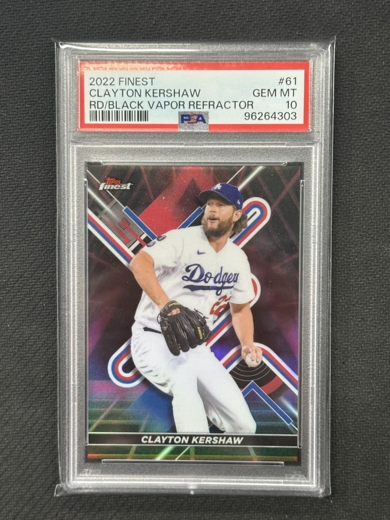 Clayton Kershaw 2022 Topps Finest Red Black Vapor PSA 10 Dodgers Card #61: Clayton Kershaw 2022 Topps Finest Red Black Vapor PSA 10 Dodgers Card #61 This 2022 Topps Finest Red/Black Vapor baseball card features Clayton Kershaw, a prominent player for the Los Angeles Dodgers.