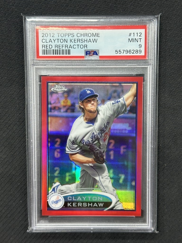 Clayton Kershaw 2012 Topps Chrome Red Refractor PSA 9 #112 Dodgers: Clayton Kershaw 2012 Topps Chrome Red Refractor PSA 9 #112 Dodgers This is a 2012 Topps Chrome Red Refractor baseball card featuring Clayton Kershaw, a star player for the Los Angeles Dodgers. This ca