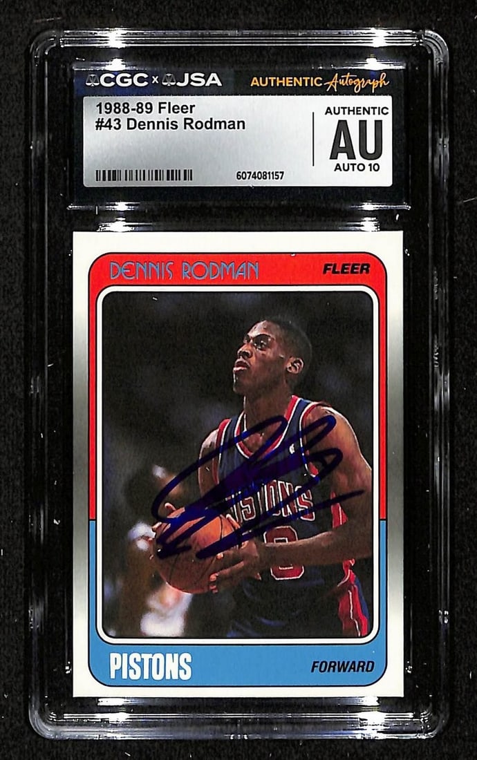 Dennis Rodman Signed 1988-89 Fleer Rookie Card CGC/JSA GEM MINT 10: Dennis Rodman Signed 1988-89 Fleer Rookie Card CGC/JSA GEM MINT 10 This is an original Dennis Rodman Hall of Fame signed 1988-89 Fleer rookie card #43 from the Detroit Pistons. The card features Rodma