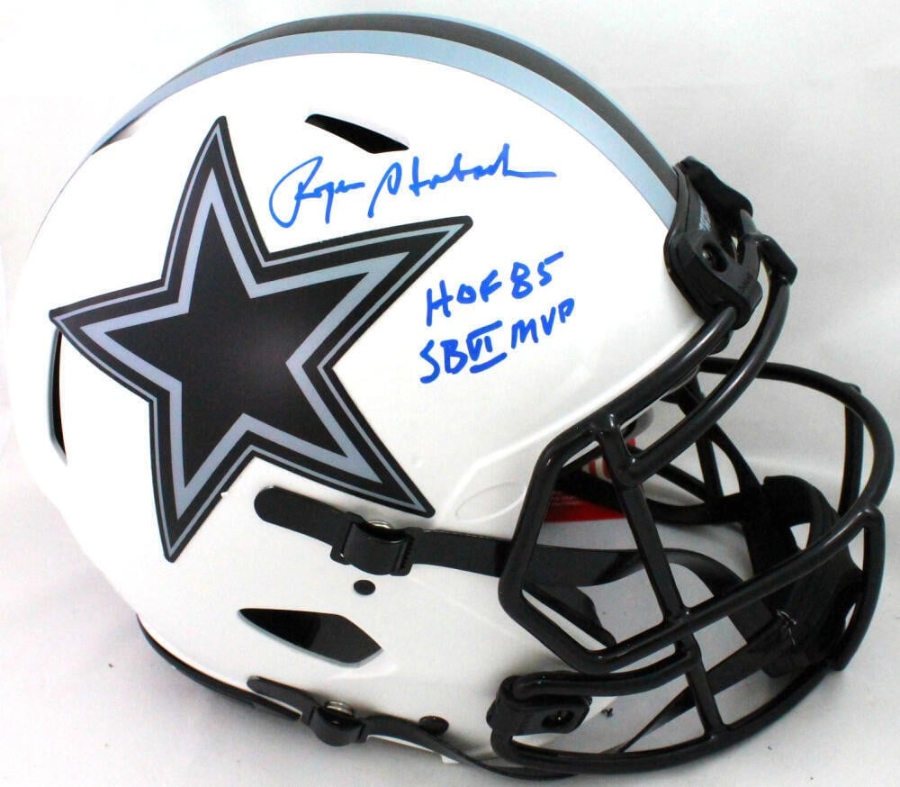 Roger Staubach Signed Dallas Cowboys Lunar Speed Helmet Beckett Authenticated: Roger Staubach Signed Dallas Cowboys Lunar Speed Helmet Beckett Authenticated This authentic full-size helmet is signed by legendary quarterback Roger Staubach, a pivotal player for the Dallas Cowboys