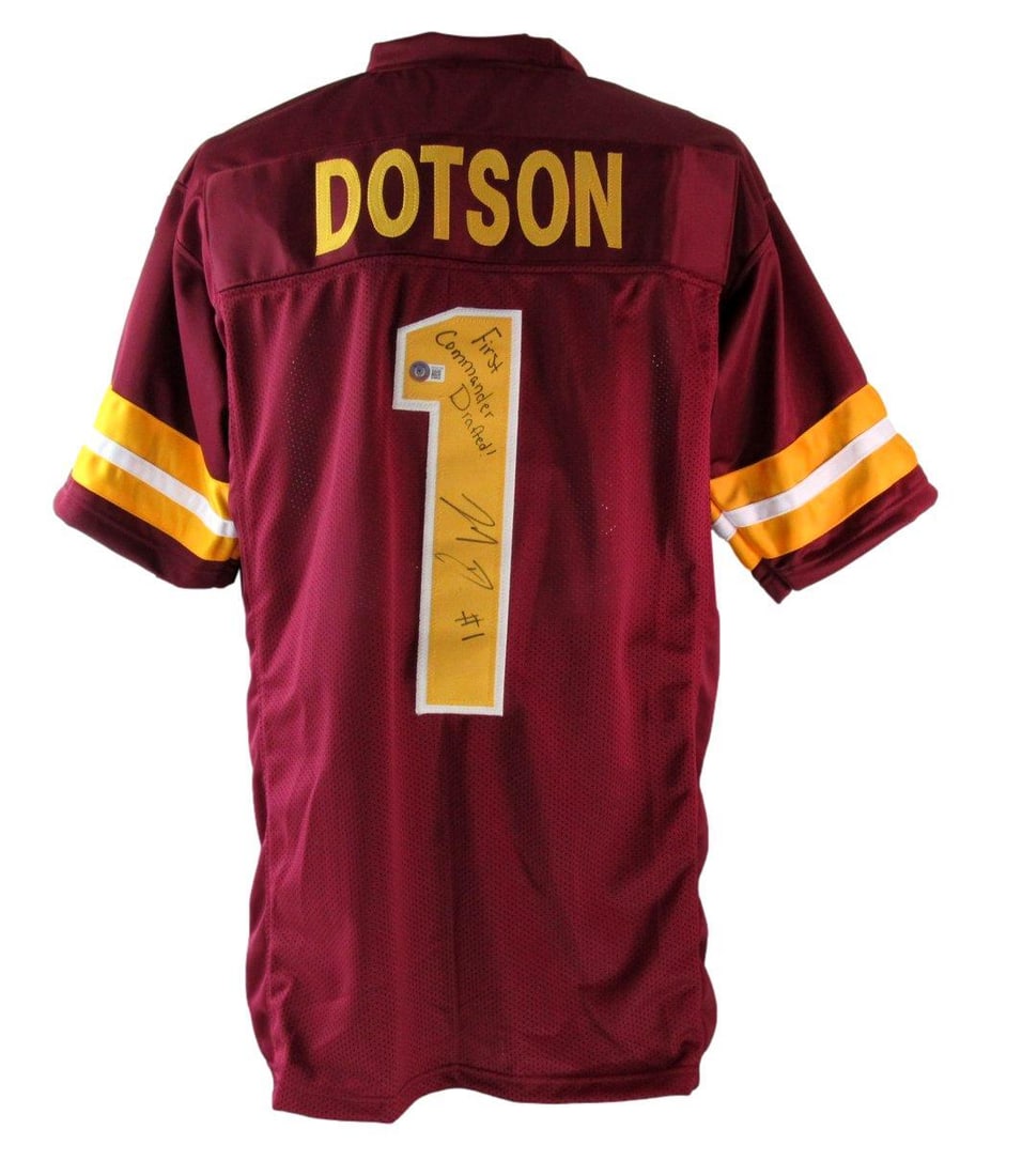 Jahan Dotson Signed Maroon Custom Football Jersey with Inscription Commanders BAS Authenticated: Jahan Dotson Signed Maroon Custom Football Jersey with Inscription Commanders BAS Authenticated This is a Jahan Dotson autographed and inscribed maroon custom football jersey from the Washington Comma
