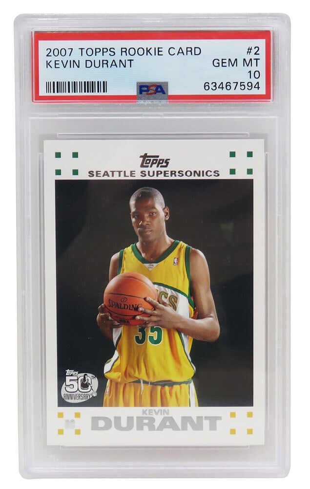 Kevin Durant 2007 Topps Basketball #2 Rookie Card PSA 10 Gem Mint: Kevin Durant 2007 Topps Basketball #2 Rookie Card PSA 10 Gem Mint This listing features a Kevin Durant 2007 Topps Basketball #2 rookie card, representing his early career with the Seattle Supersonics.