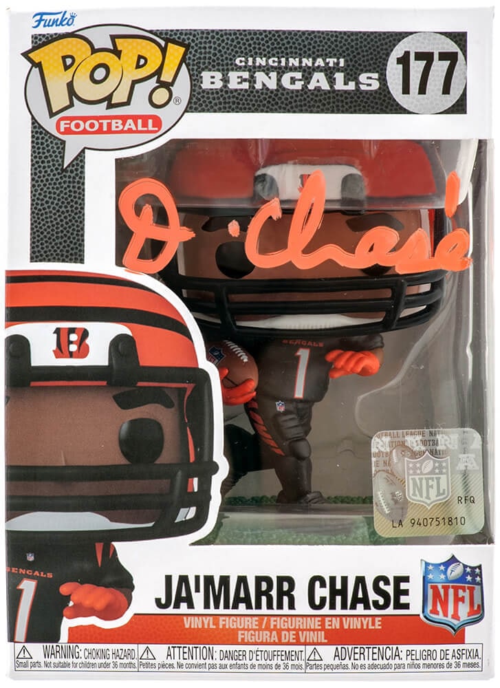 Ja'Marr Chase Signed Funko Pop Doll #177 Cincinnati Bengals BECKETT COA: Ja'Marr Chase Signed Funko Pop Doll #177 Cincinnati Bengals BECKETT COA Celebrate your love for football with this Ja'Marr Chase signed Cincinnati Bengals NFL Funko Pop Doll #177. This original collec