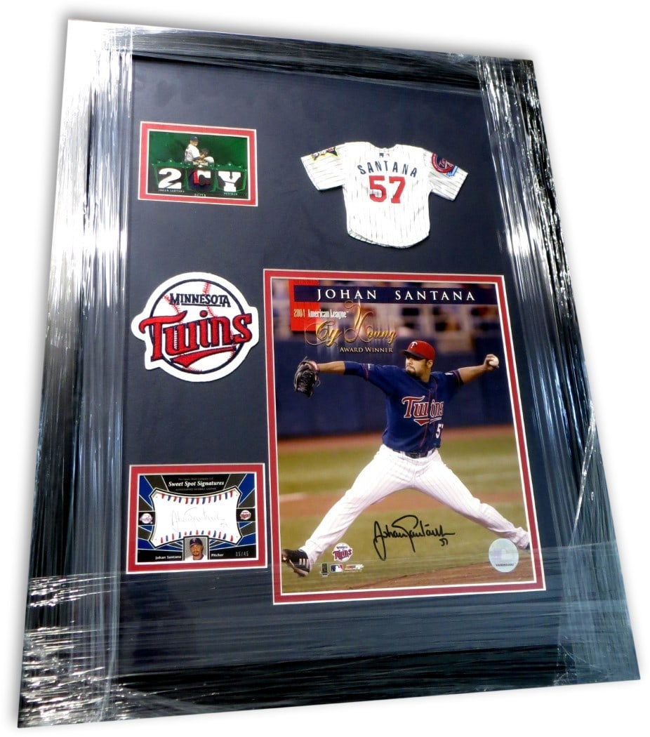Johan Santana Autographed Framed Collage with JSA Authentication: Johan Santana Autographed Framed Collage with JSA Authentication This stunning Johan Santana autographed framed photo card collage captures the essence of the Minnesota Twins star. The frame measures