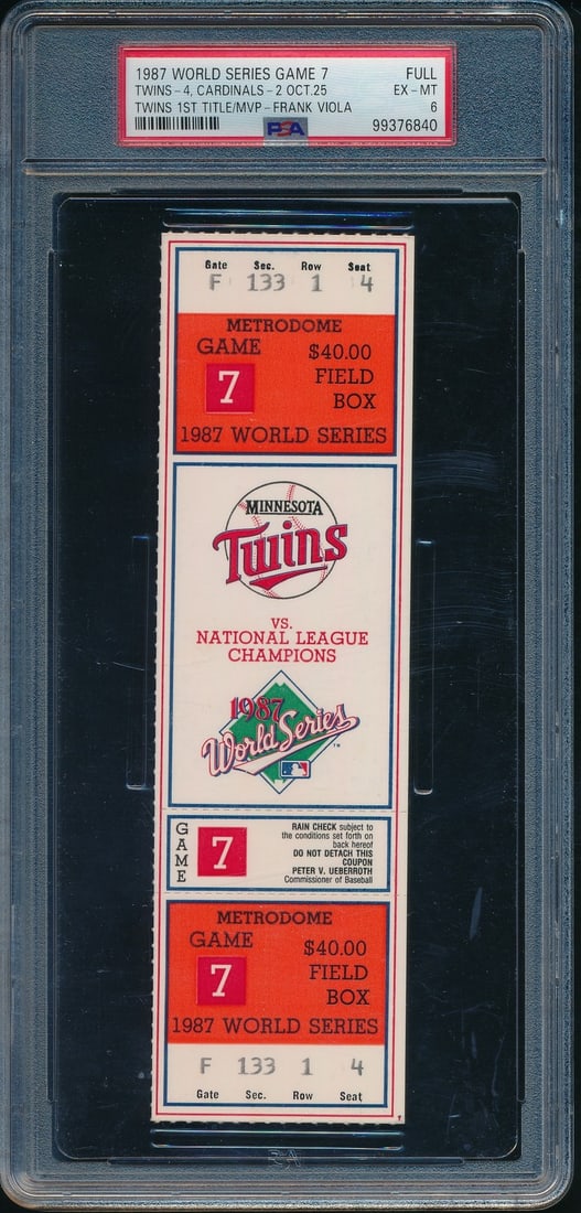 1987 World Series Game 7 Cardinals vs Twins Full Ticket PSA/DNA EX-MT 6: 1987 World Series Game 7 Cardinals vs Twins Full Ticket PSA/DNA EX-MT 6 Offered is an original full ticket from the 1987 World Series Game 7 between the St. Louis Cardinals and the Minnesota Twins. Th