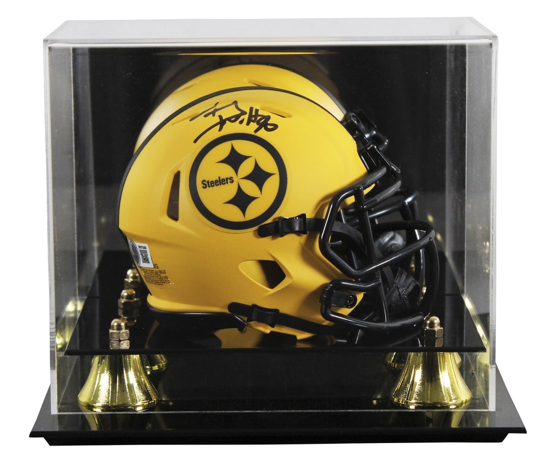 T.J. Watt Signed Rave Speed Mini Helmet with UV Case BAS Authenticated: T.J. Watt Signed Rave Speed Mini Helmet with UV Case BAS Authenticated Celebrate your love for the Pittsburgh Steelers with this authentic mini helmet featuring the signature of star player T.J. Watt.