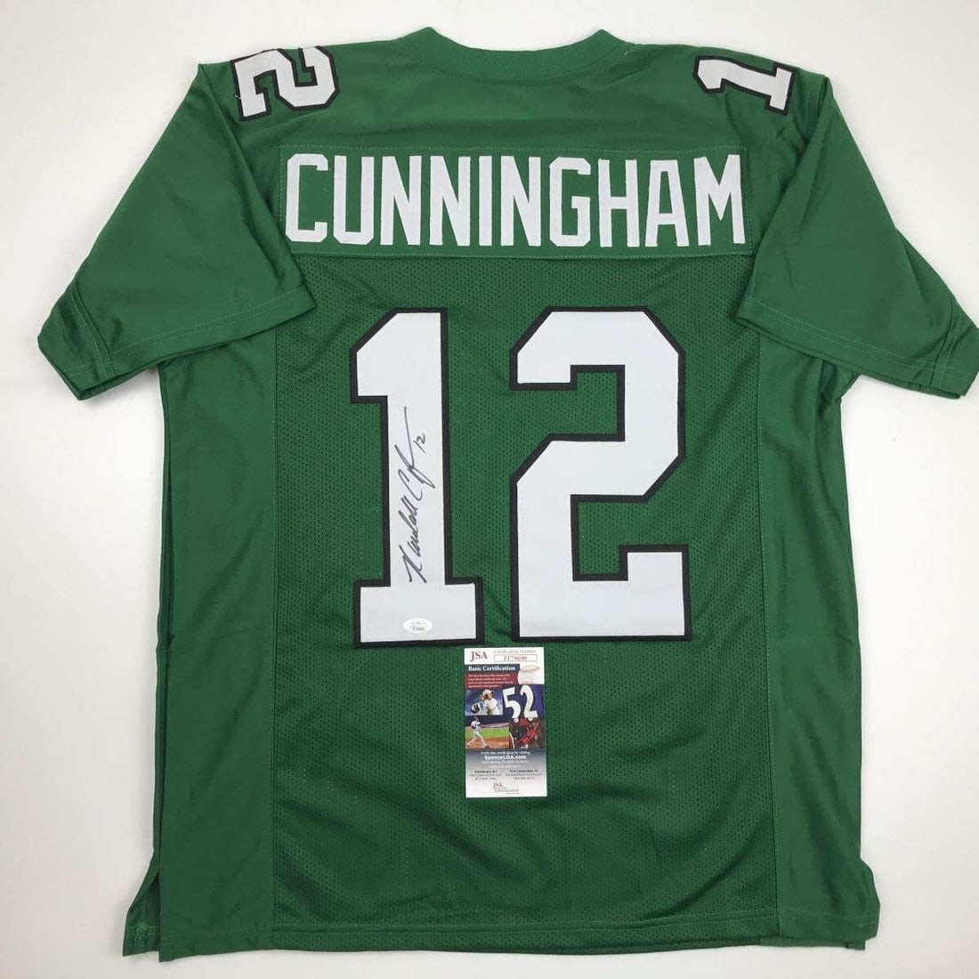 Randall Cunningham Signed Philadelphia Eagles Green Jersey JSA Authenticated: Randall Cunningham Signed Philadelphia Eagles Green Jersey JSA Authenticated Celebrate the legacy of Randall Cunningham with this autographed Philadelphia Eagles green jersey. This custom jersey proud