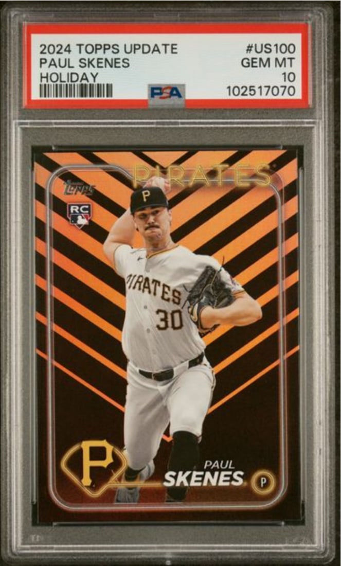 PSA 10 Paul Skenes 2024 Topps Update Holiday Rookie Card #US100: PSA 10 Paul Skenes 2024 Topps Update Holiday Rookie Card #US100 This is an original 2024 Topps Update Paul Skenes #US100 Holiday Rookie RC card. The card has been encapsulated and graded PSA 10 Mint b