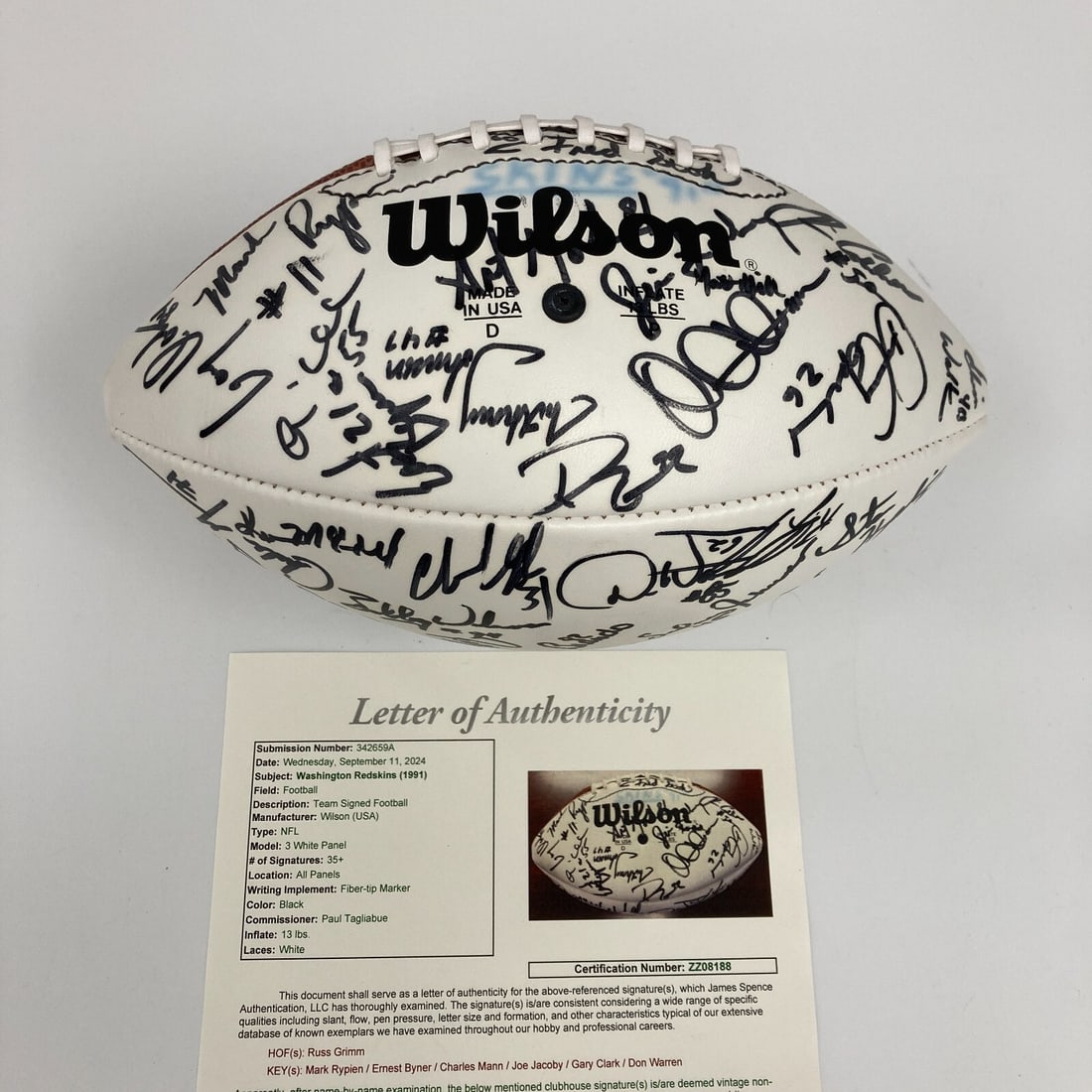 1991 Washington Redskins Signed Football 43 Signatures JSA COA: 1991 Washington Redskins Signed Football 43 Signatures JSA COA Celebrate the legacy of the Washington Redskins with this officially licensed team signed football commemorating their Super Bowl 26 Cham