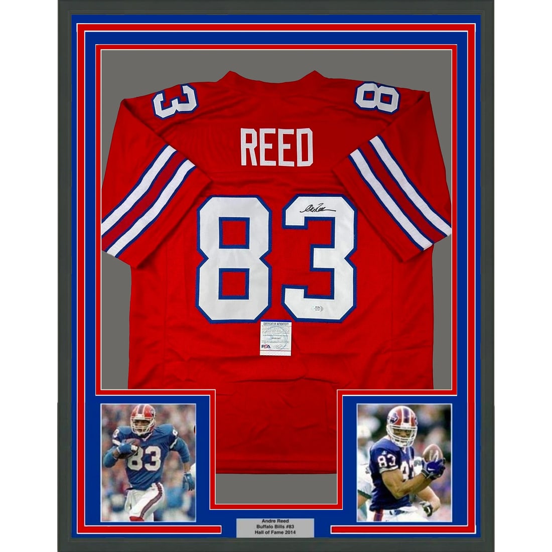 Framed Signed Andre Reed Buffalo Bills Jersey with PSA/DNA COA: Framed Signed Andre Reed Buffalo Bills Jersey with PSA/DNA COA Celebrate the legacy of NFL legend Andre Reed with this professionally framed and autographed Buffalo Bills jersey. This stunning display