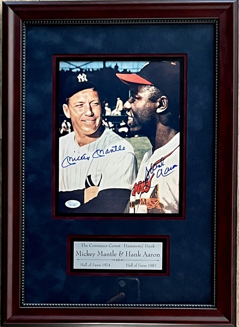 Mickey Mantle Hank Aaron Signed 8x10 Framed Photo JSA Authenticated: Mickey Mantle Hank Aaron Signed 8x10 Framed Photo JSA Authenticated Celebrate baseball history with this stunning custom framed display featuring signed photographs of two legends: Mickey Mantle and H