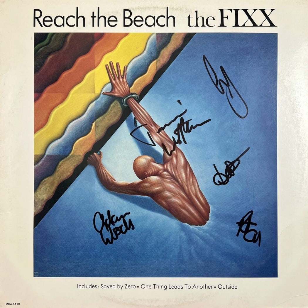 The FIXX Signed Album Cover Reach the Beach JSA Authenticated: The FIXX Signed Album Cover Reach the Beach JSA Authenticated This is an original autographed record album cover of The FIXX's "Reach the Beach," featuring signatures from band members Cy Curnin, Jami
