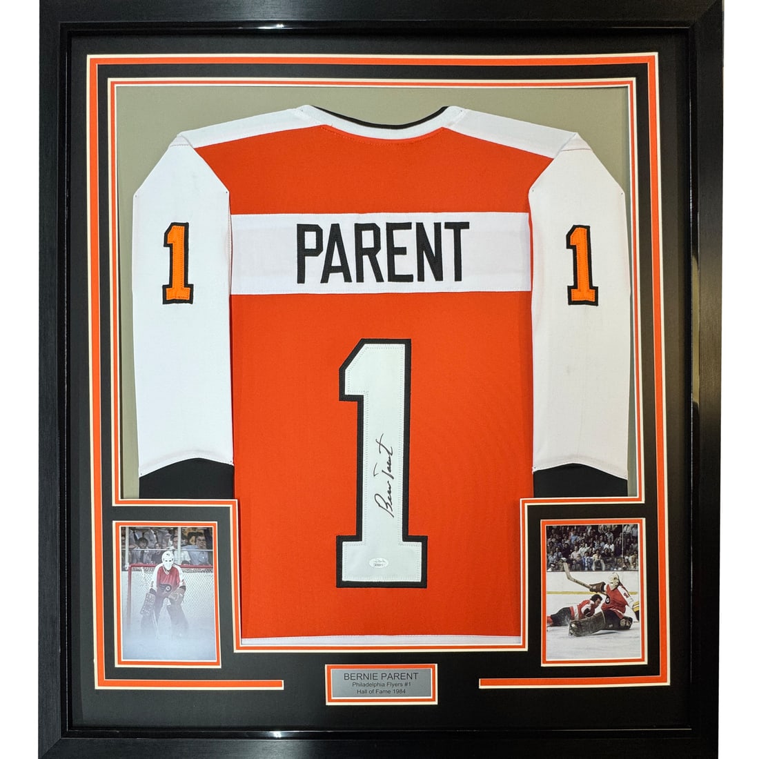 Framed Signed Bernie Parent Philadelphia Flyers Jersey JSA COA 33x42: Framed Signed Bernie Parent Philadelphia Flyers Jersey JSA COA 33x42 This professionally framed and matted collectible features an autographed Philadelphia Flyers jersey by legendary NHL player Bernie