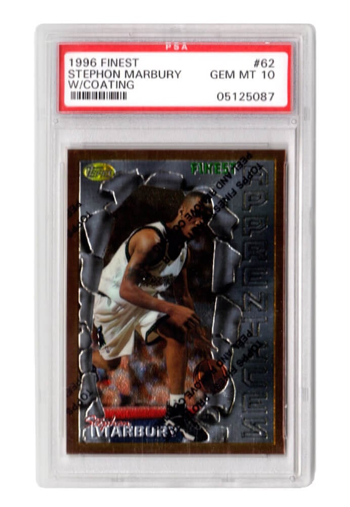 Stephon Marbury 1996 Topps Finest Basketball RC #62 PSA 10: Stephon Marbury 1996 Topps Finest Basketball RC #62 PSA 10 This listing features a 1996 Topps Finest Basketball #62 rookie card of Stephon Marbury, encapsulated and graded Gem Mint 10 by Professional