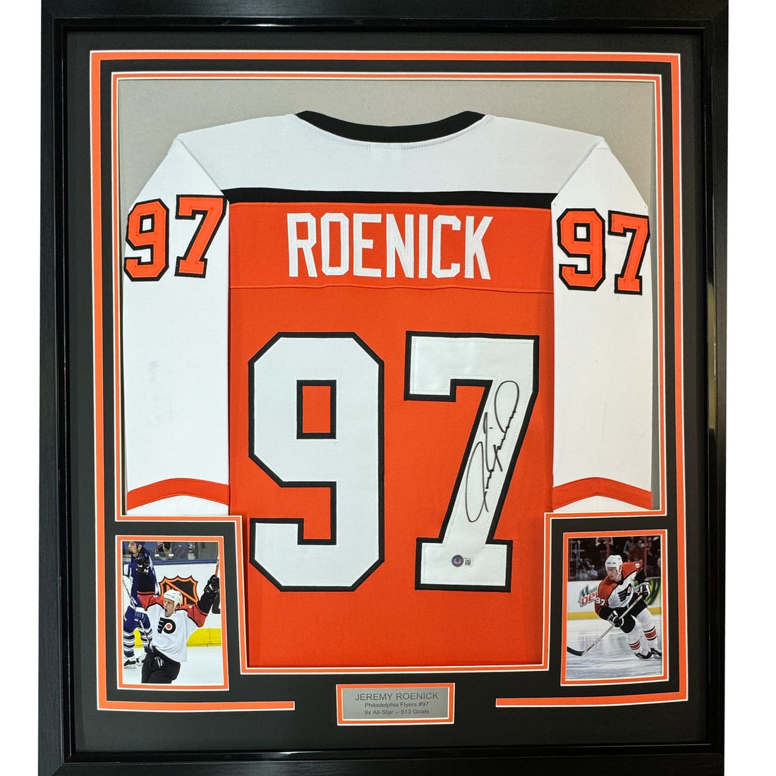 Framed Jeremy Roenick Autographed Jersey Philadelphia Flyers BAS COA: Framed Jeremy Roenick Autographed Jersey Philadelphia Flyers BAS COA Celebrate the legacy of Jeremy Roenick with this professionally framed and autographed 33x42 orange jersey, proudly representing th