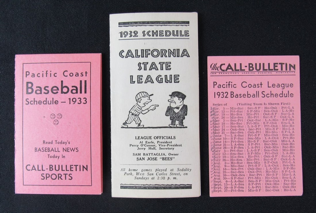 Lot of 3 Vintage 1932-33 Pacific Coast California State League Schedules: Lot of 3 Vintage 1932-33 Pacific Coast California State League Schedules This offering features a Lot of three pocket schedules from the 1932-33 Pacific Coast League and California State League, perfe