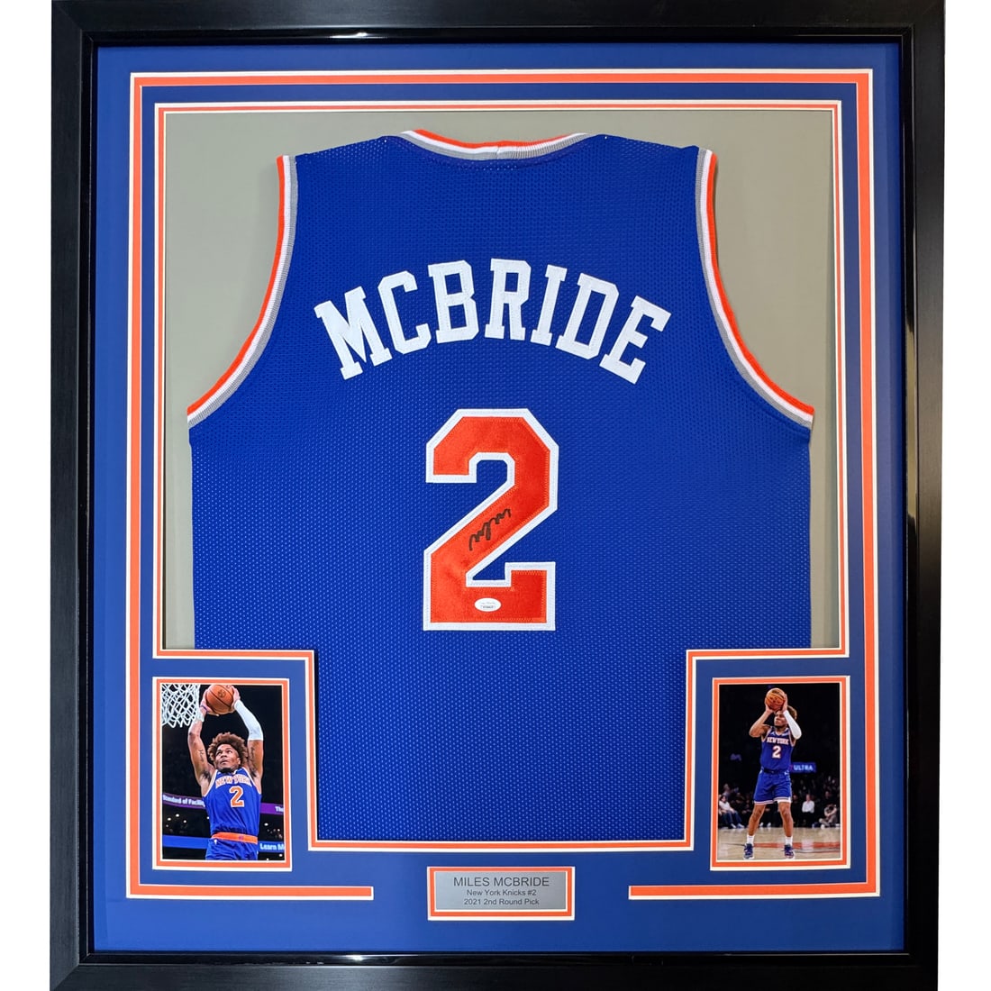 Framed Autographed Miles McBride New York Knicks Jersey JSA COA 35x39: Framed Autographed Miles McBride New York Knicks Jersey JSA COA 35x39 Celebrate your love for basketball with this autographed and professionally framed 35x39 inch blue jersey of Miles McBride, a stan