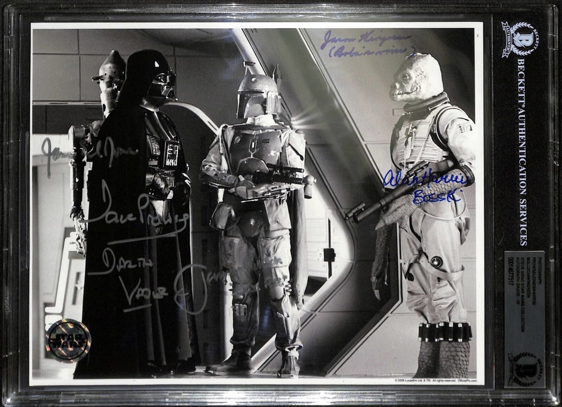Star Wars Bounty Hunters Autographed 8x10 Photo by 5 with BAS Authentication: Star Wars Bounty Hunters Autographed 8x10 Photo by 5 with BAS Authentication This autographed 8x10 photograph features the iconic Bounty Hunters from Star Wars: The Empire Strikes Back. Signed by five