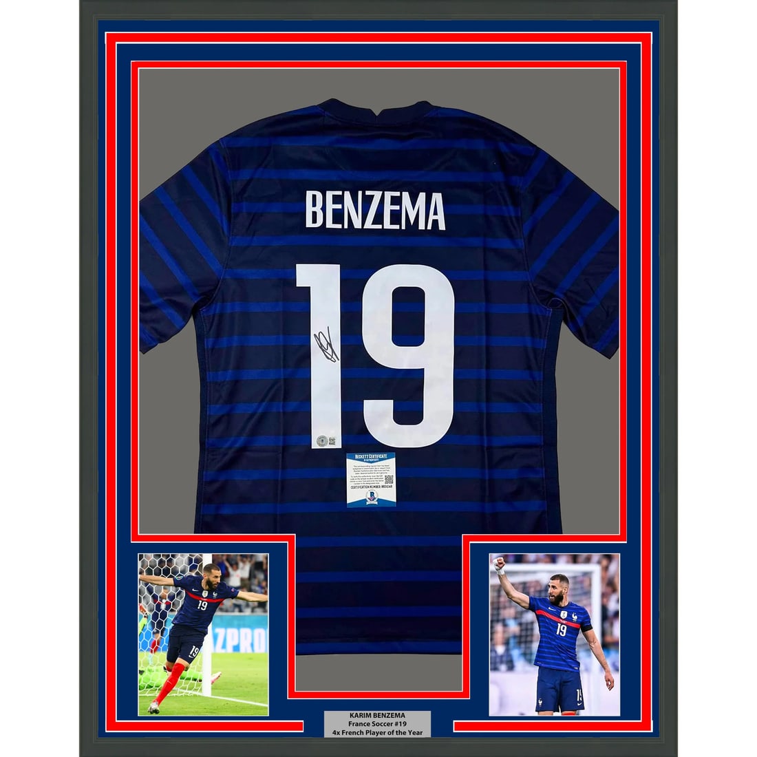 Framed Karim Benzema Autographed France Blue Jersey BAS COA: Framed Karim Benzema Autographed France Blue Jersey BAS COA Celebrate the legacy of Karim Benzema with this framed and autographed 33x42 French blue jersey. This original piece features a stunning dis