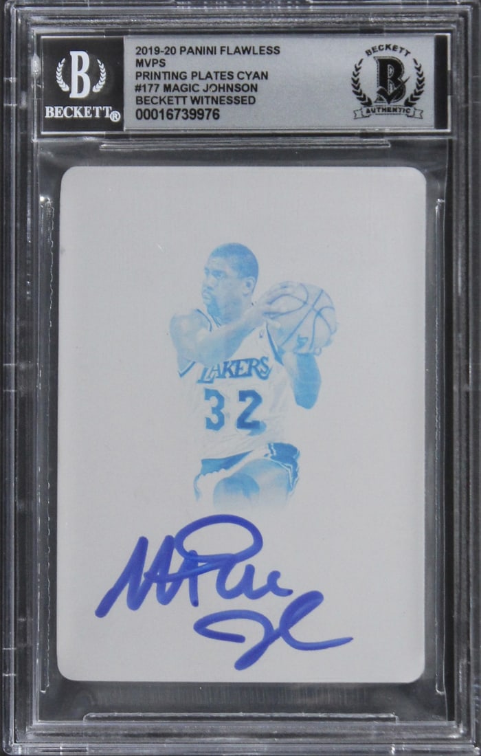 Magic Johnson Signed 2019 Panini Flawless Cyan #177 1/1 Gem Mint 10 Beckett Authenticated: Magic Johnson Signed 2019 Panini Flawless Cyan #177 1/1 Gem Mint 10 Beckett Authenticated This unique 2019 Panini Flawless MVPs Printing Plates Cyan #177 card is a one-of-a-kind collectible featuring