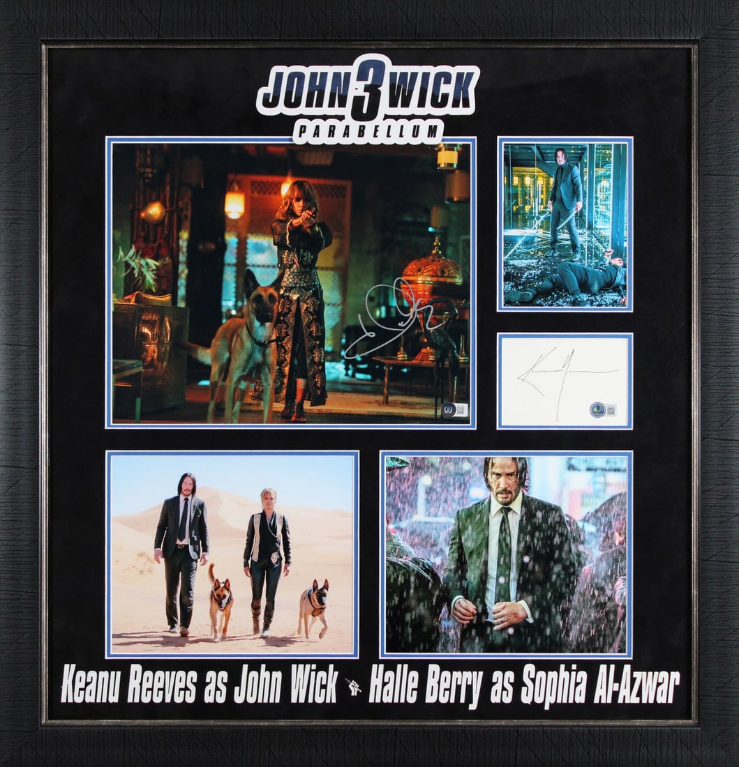 Framed John Wick 3 Display Signed by Keanu Reeves and Halle Berry BAS Authenticated: Framed John Wick 3 Display Signed by Keanu Reeves and Halle Berry BAS Authenticated This framed display features an original photograph from John Wick: Chapter 3 Parabellum, personally signed by Keanu