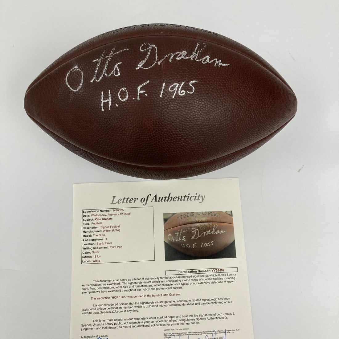 Otto Graham Signed Wilson NFL Football with JSA COA: Otto Graham Signed Wilson NFL Football with JSA COA This is an original signed Wilson NFL game football by legendary player Otto Graham, who was inducted into the Hall of Fame in 1965. The football co