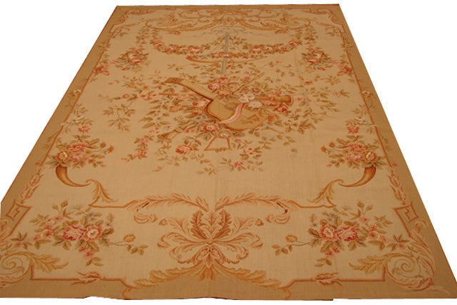 5.9 x 9 Beige Aubusson Hand-Knotted Area Rug Premium Wool: 5.9 x 9 Beige Aubusson Hand-Knotted Area Rug Premium Wool Free continental US Shipping Elevate your interior with this stunning 5.9 x 9 Beige Aubusson Weave Rug, a true embodiment of French elegance a