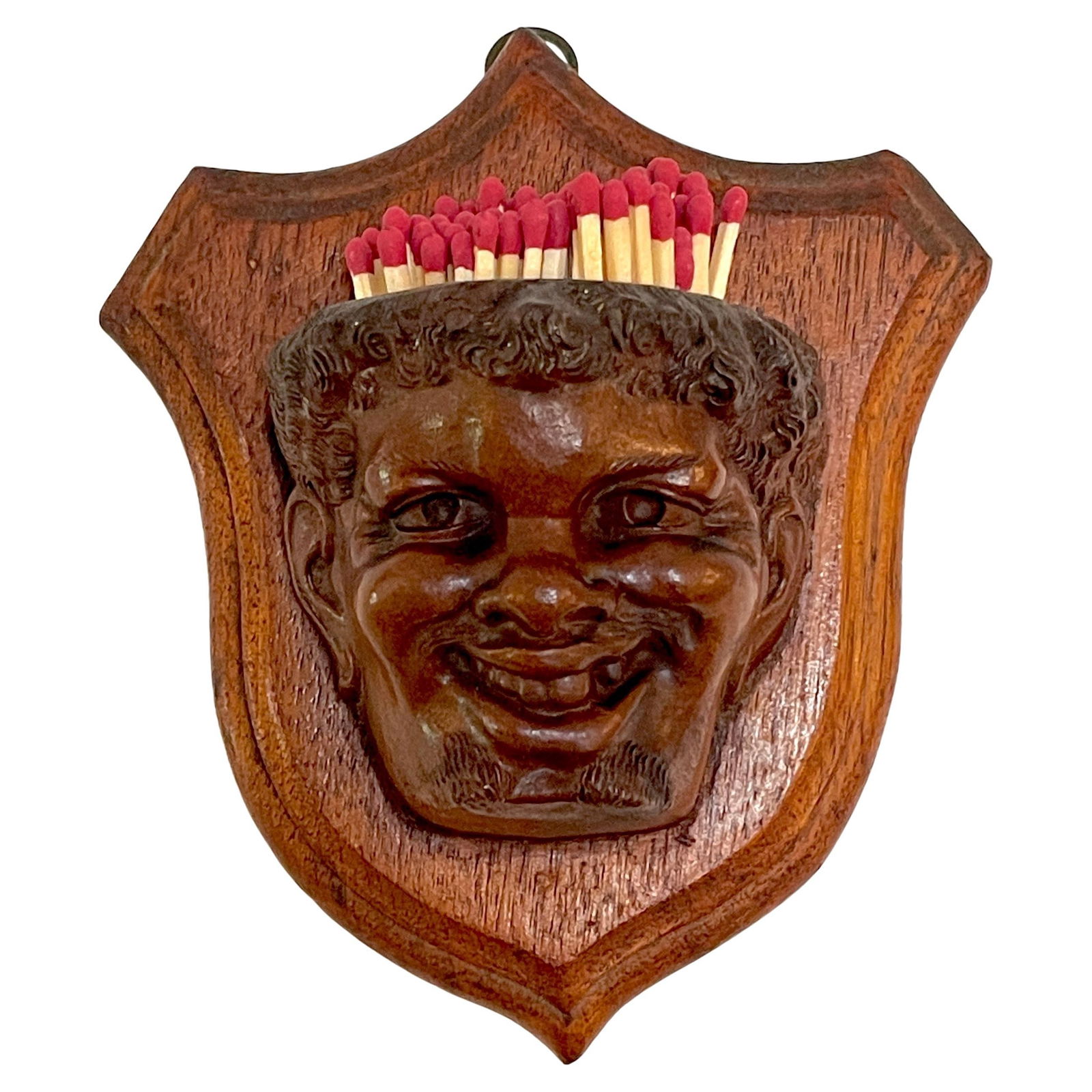 Whimsical Black Forest Hand-Carved Black Walnut Match Holder: Whimsical Black Forest Hand-Carved Black Walnut Match Holder Discover the charm of this Black Forest Carved Black Walnut Toothless Man Motif Hanging Match Holder, a whimsical and intricately crafted p