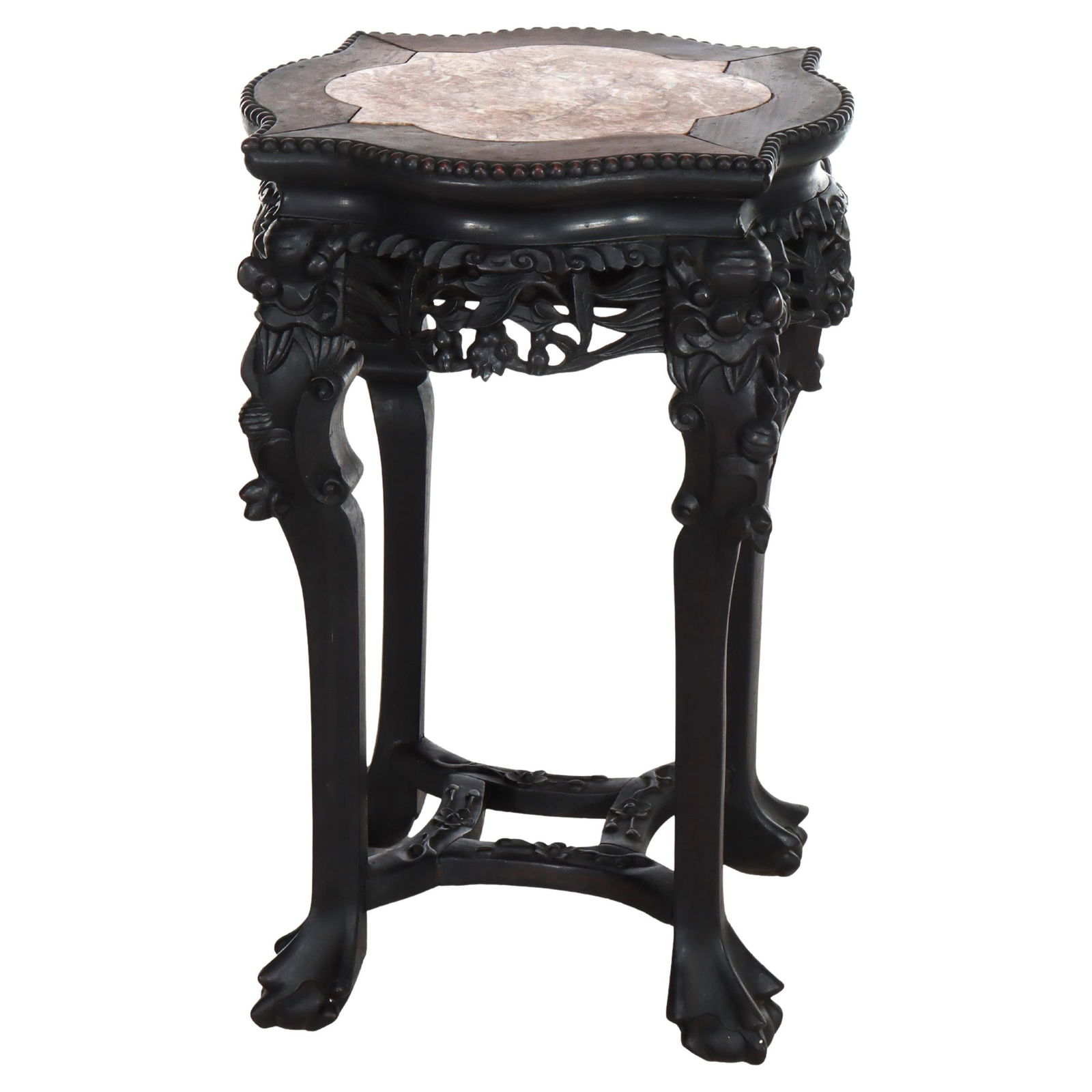Early 20th Century Chinese Rosewood Stand with Rouge Marble Inset and Claw Feet: Early 20th Century Chinese Rosewood Stand with Rouge Marble Inset and Claw Feet This antique Chinese stand, dating to circa 1910, is crafted from rosewood and features intricate floral carvings. The p