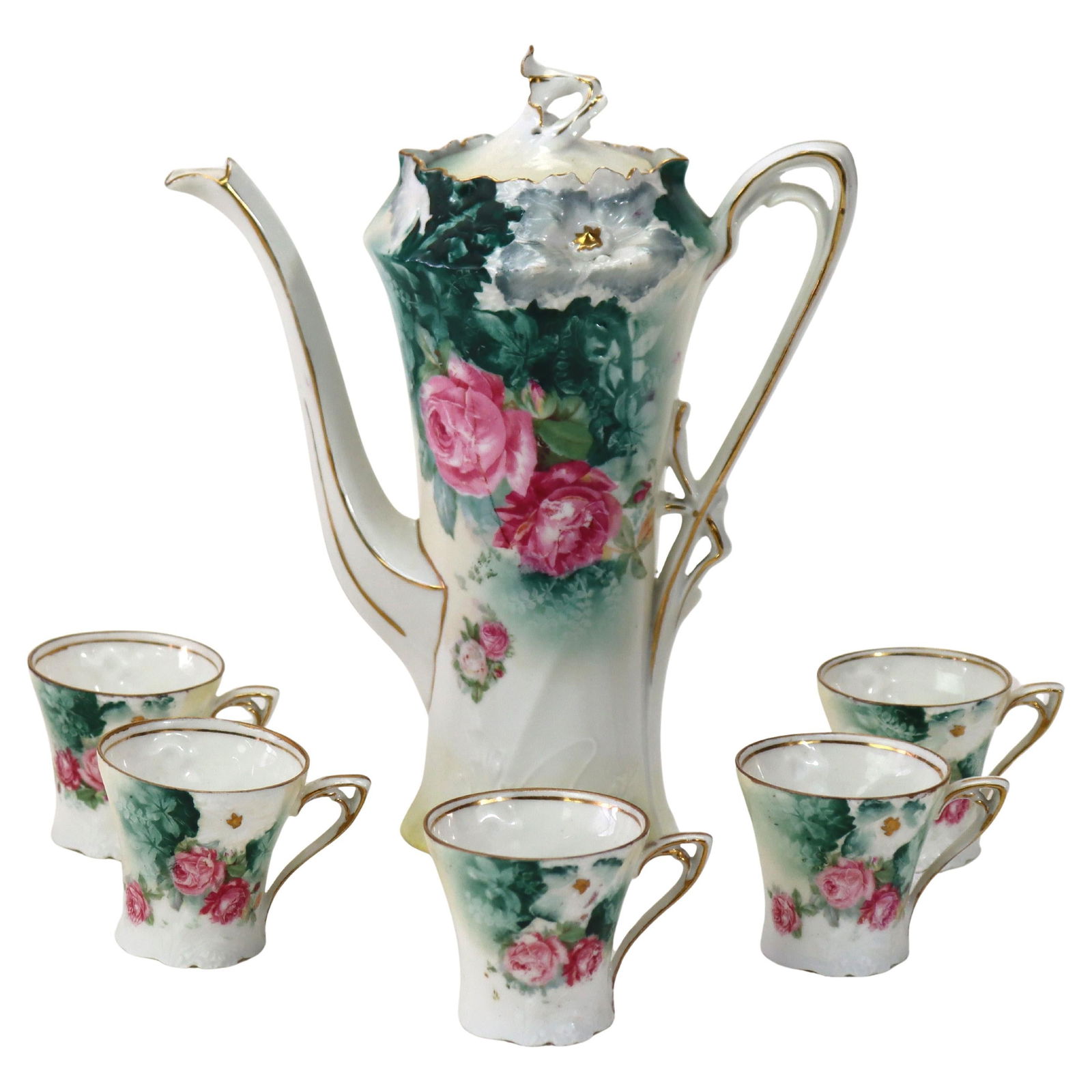 Antique RS Prussia Floral Chocolate Pot Set with 5 Cups c1890 (1 of 6)