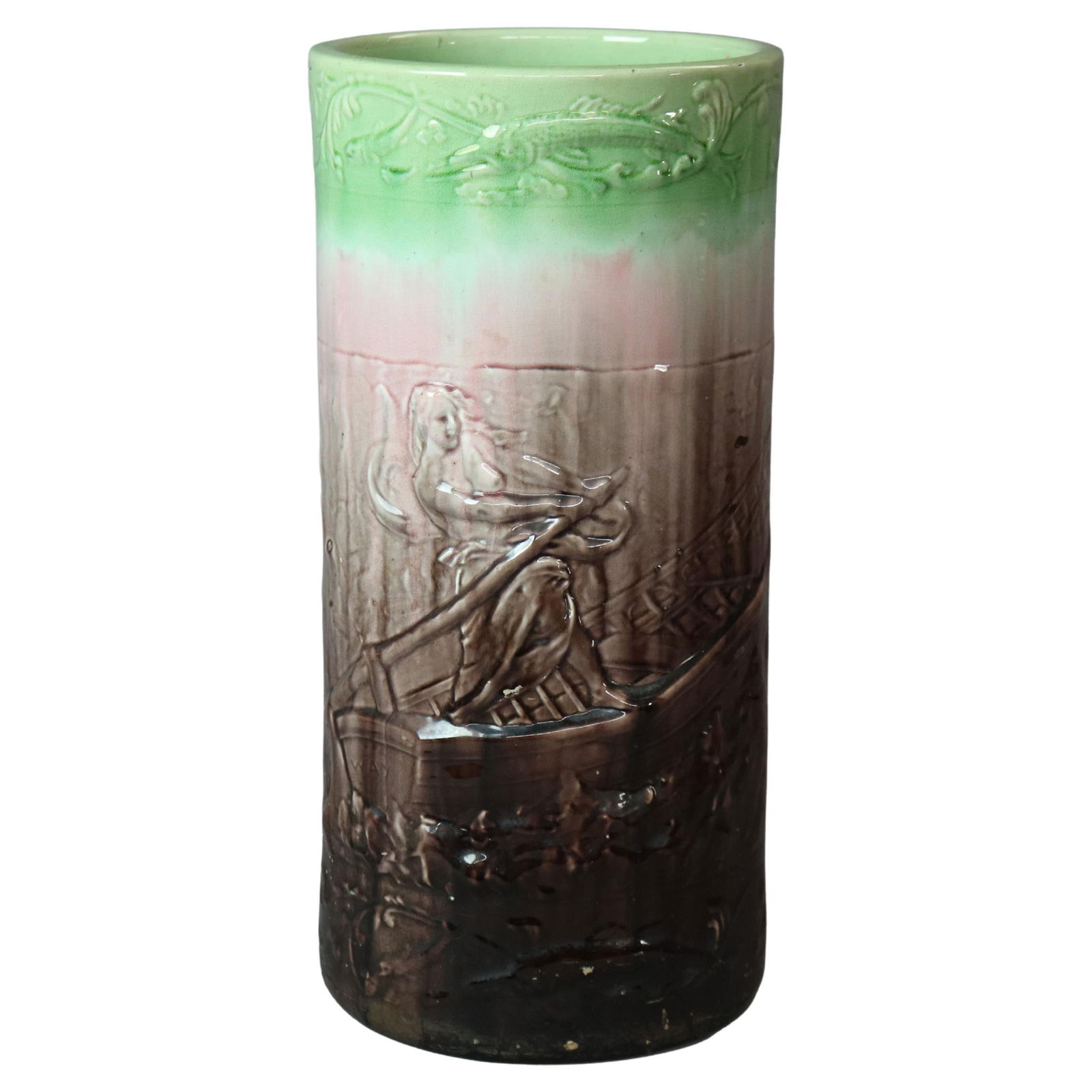 Circa 1900 Antique Majolica Pottery Umbrella Stand Nautical Scene (1 of 14)