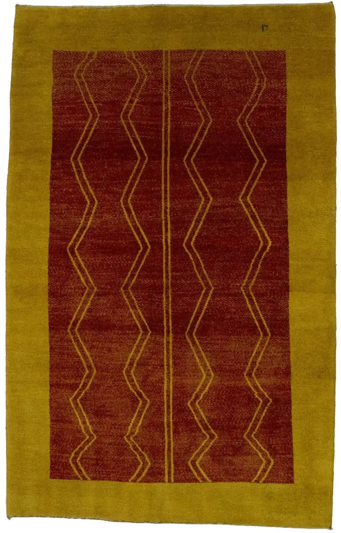 Signed 5X8 ft Rusty Red Gabbeh Rug Handmade Tribal Design: Signed 5X8 ft Rusty Red Gabbeh Rug Handmade Tribal Design Enhance your space with this stunning 5X8 ft signed Gabbeh oriental rug, featuring a plush tribal border in a vibrant rusty red. Crafted from