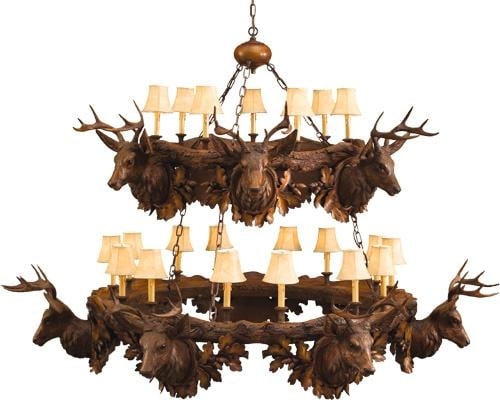 Rustic Lodge Style Bowl Chandelier with 14 Stag Heads: Rustic Lodge Style Bowl Chandelier with 14 Stag Heads Illuminate your space with this stunning Rustic Elegance Bowl Chandelier featuring 14 intricately designed stag heads. This unique lighting fixtur